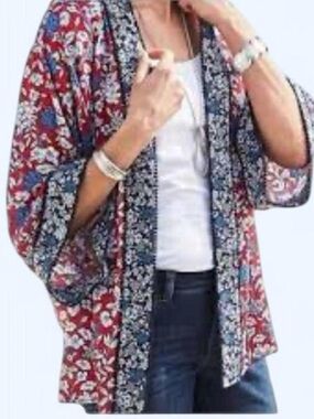 Boho Floral Open-Front Kimono Jacket - Red & Blue